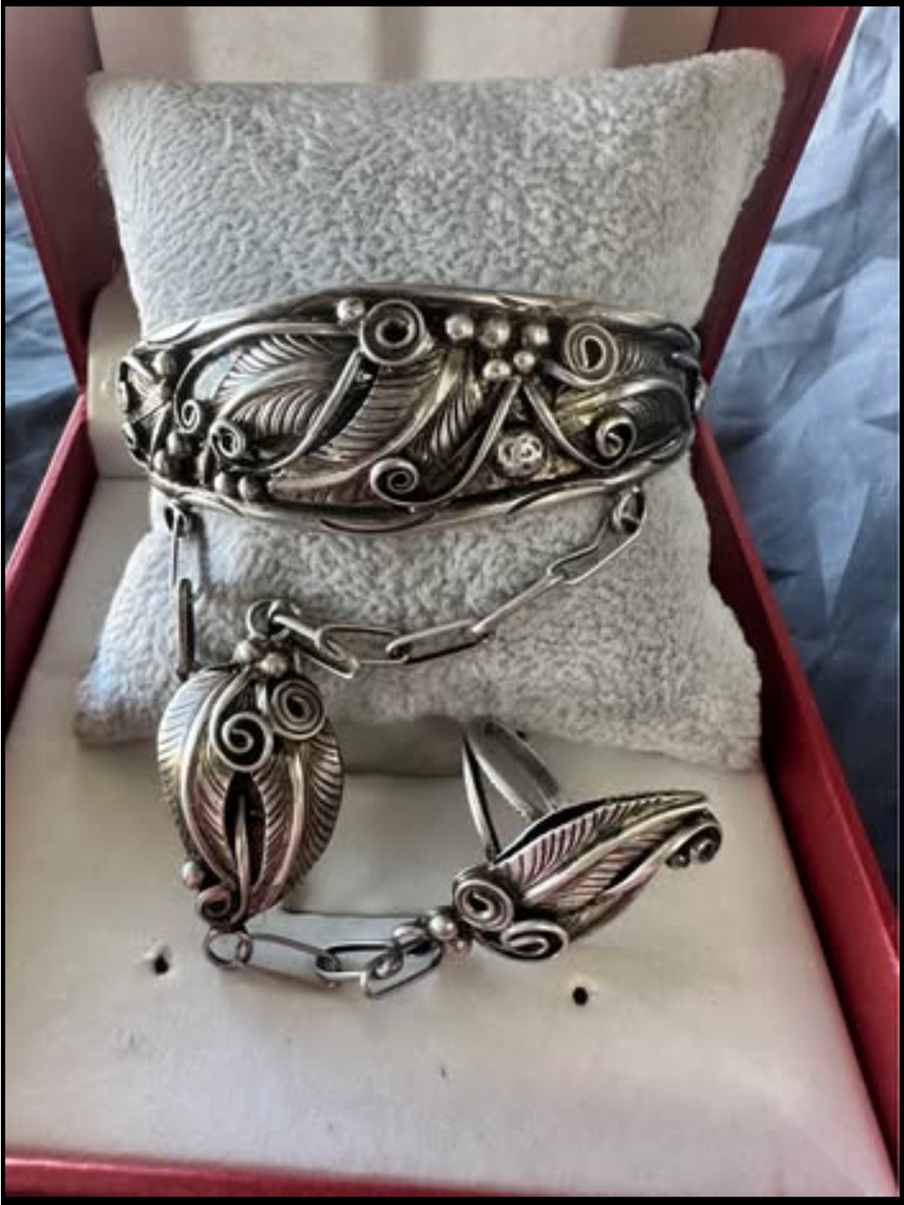 Silver Leaf Motif Bracelet and Ring Set - Silver Slave Bracelet